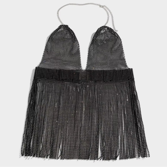 Handmade Bling Rhinestone Fishnet See Through Mesh Tassel Bra - Picture 6 of 12